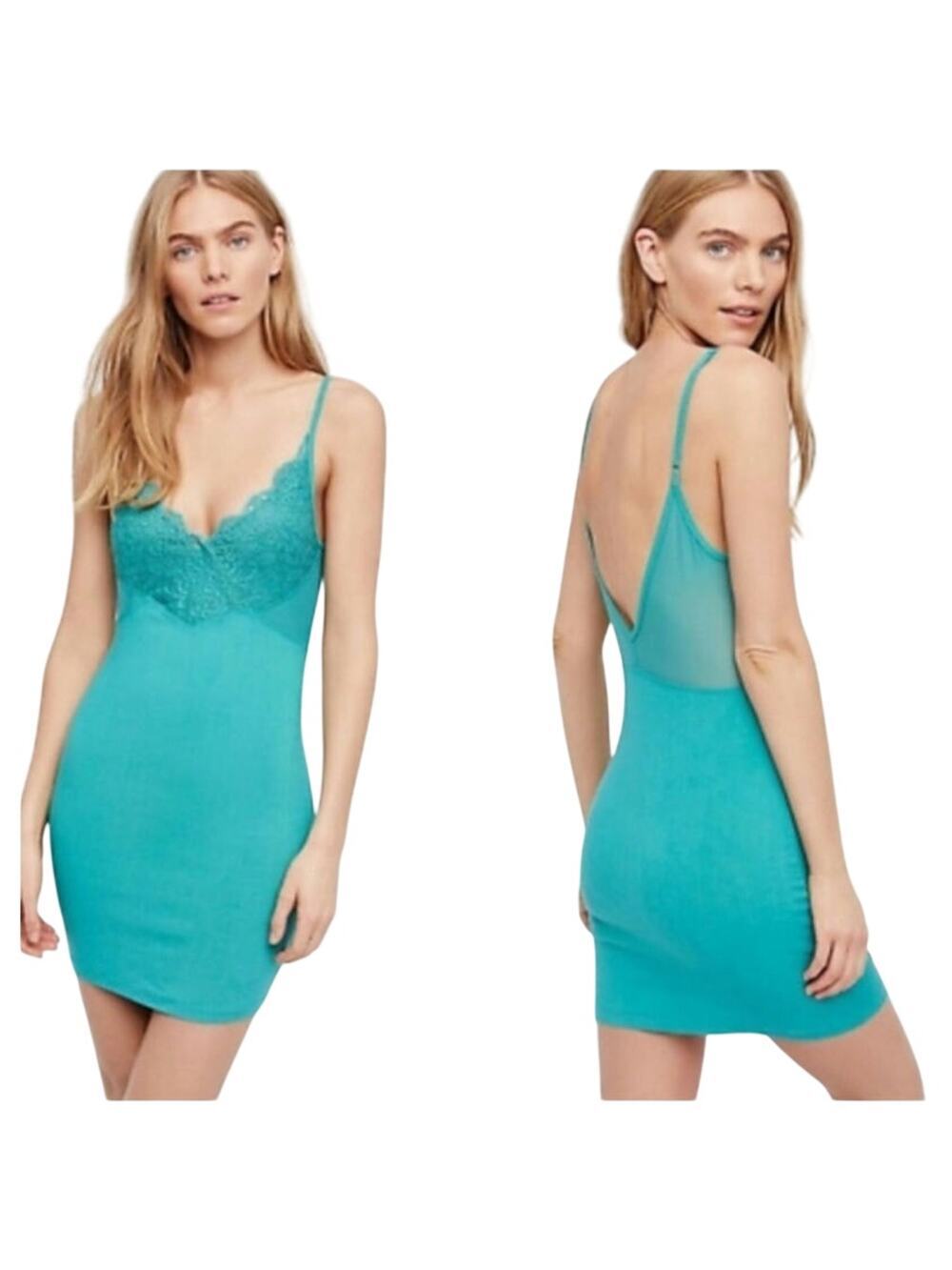 Free People Havana Nights Lace Bodycon Slip Dress NWOT Teal Turquoise L